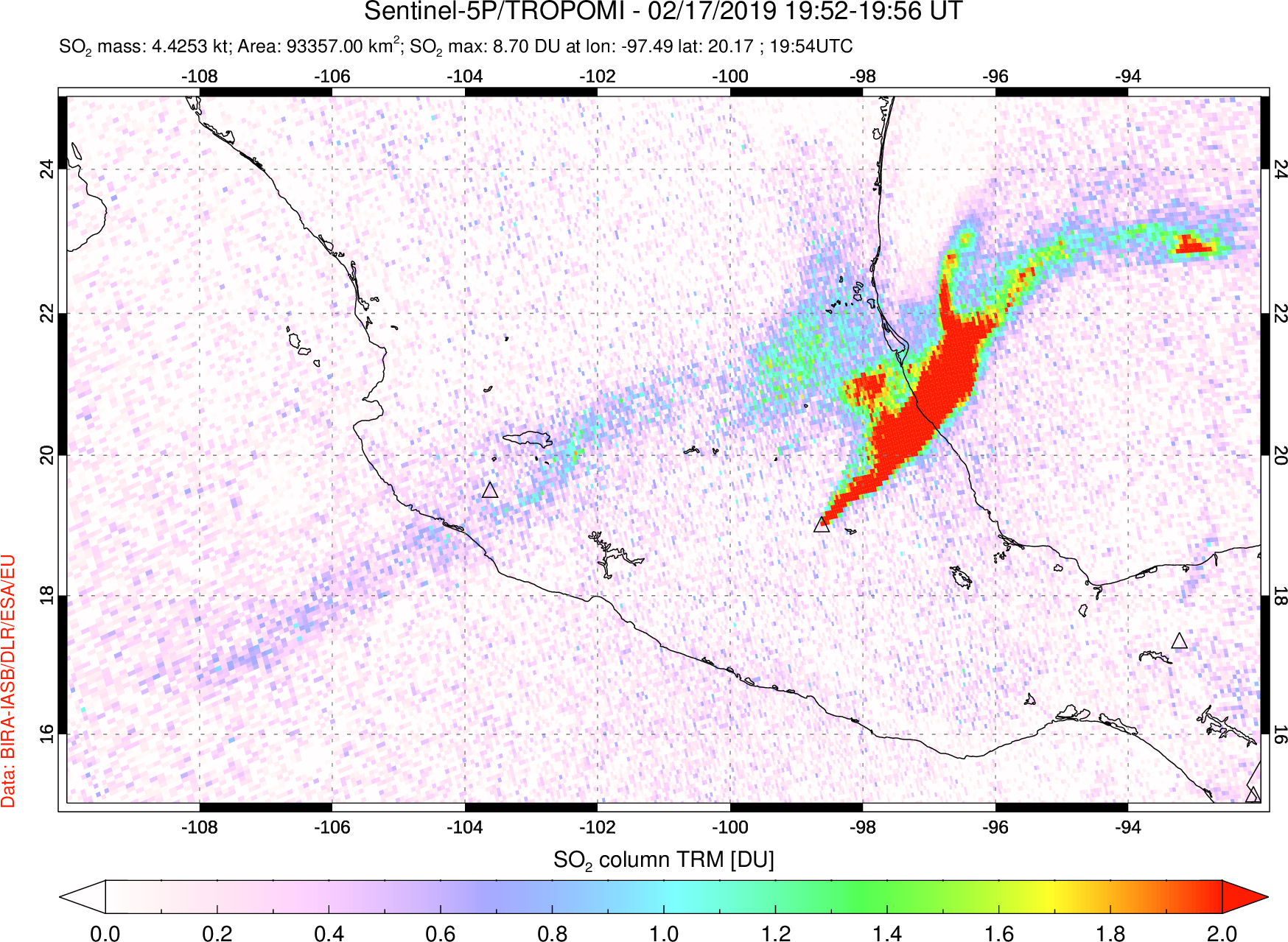 A sulfur dioxide image over Mexico on Feb 17, 2019.
