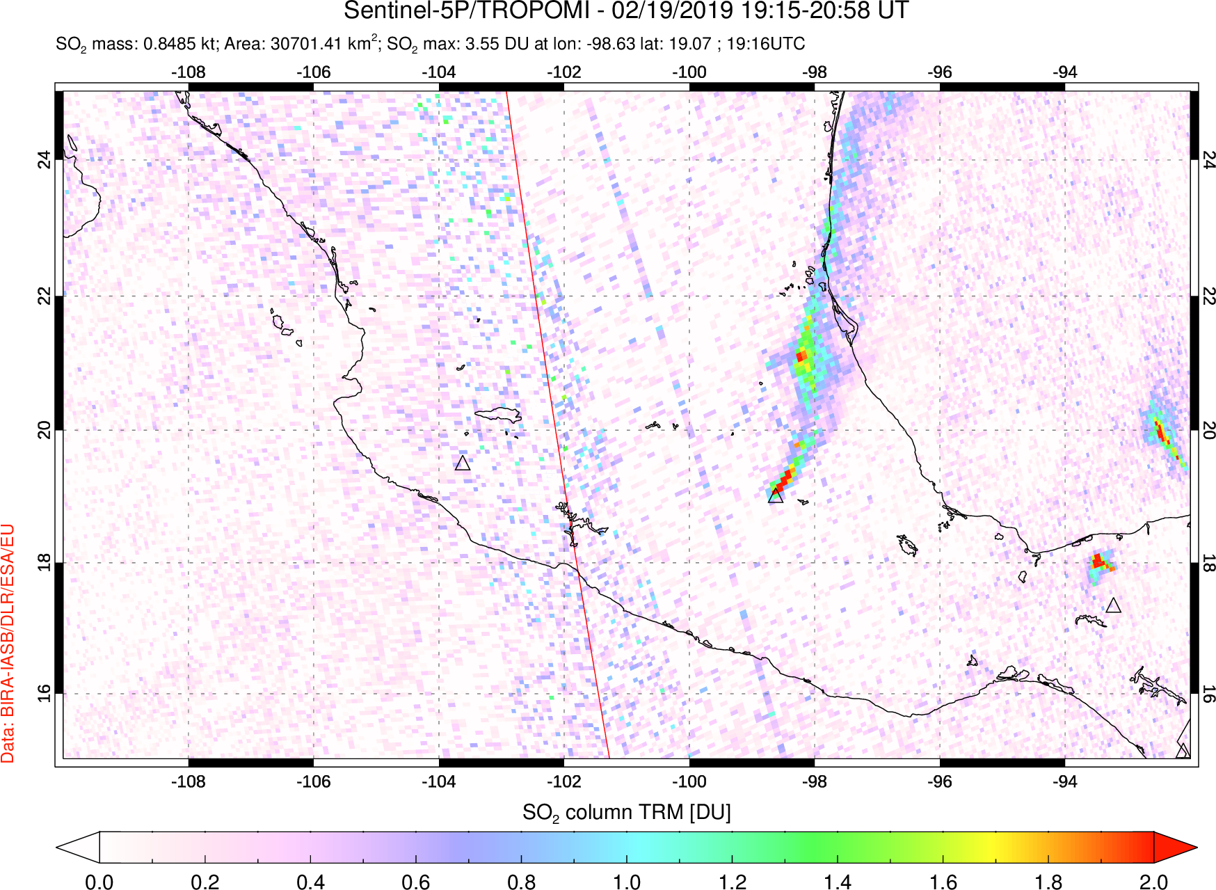 A sulfur dioxide image over Mexico on Feb 19, 2019.