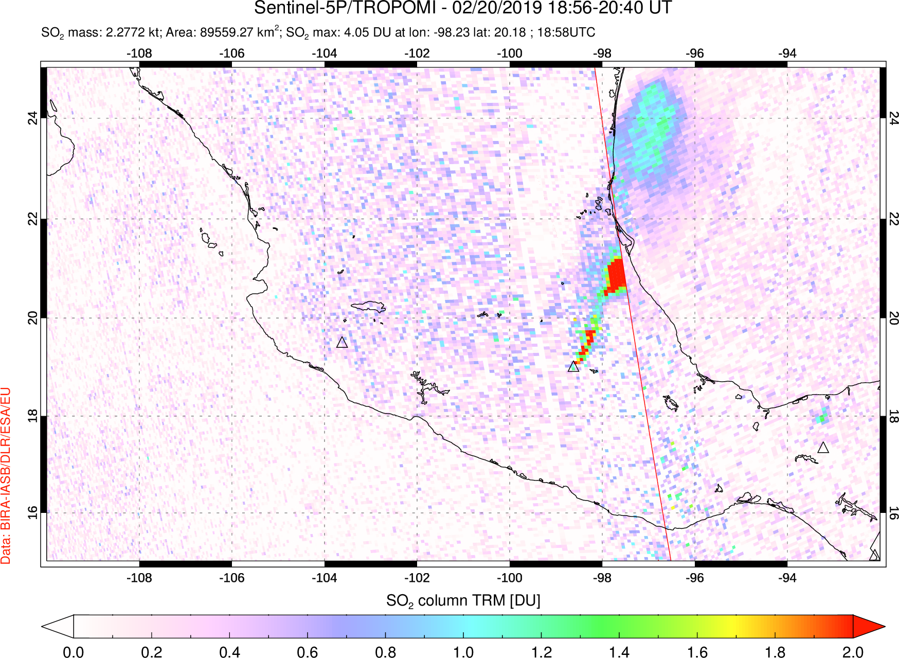 A sulfur dioxide image over Mexico on Feb 20, 2019.