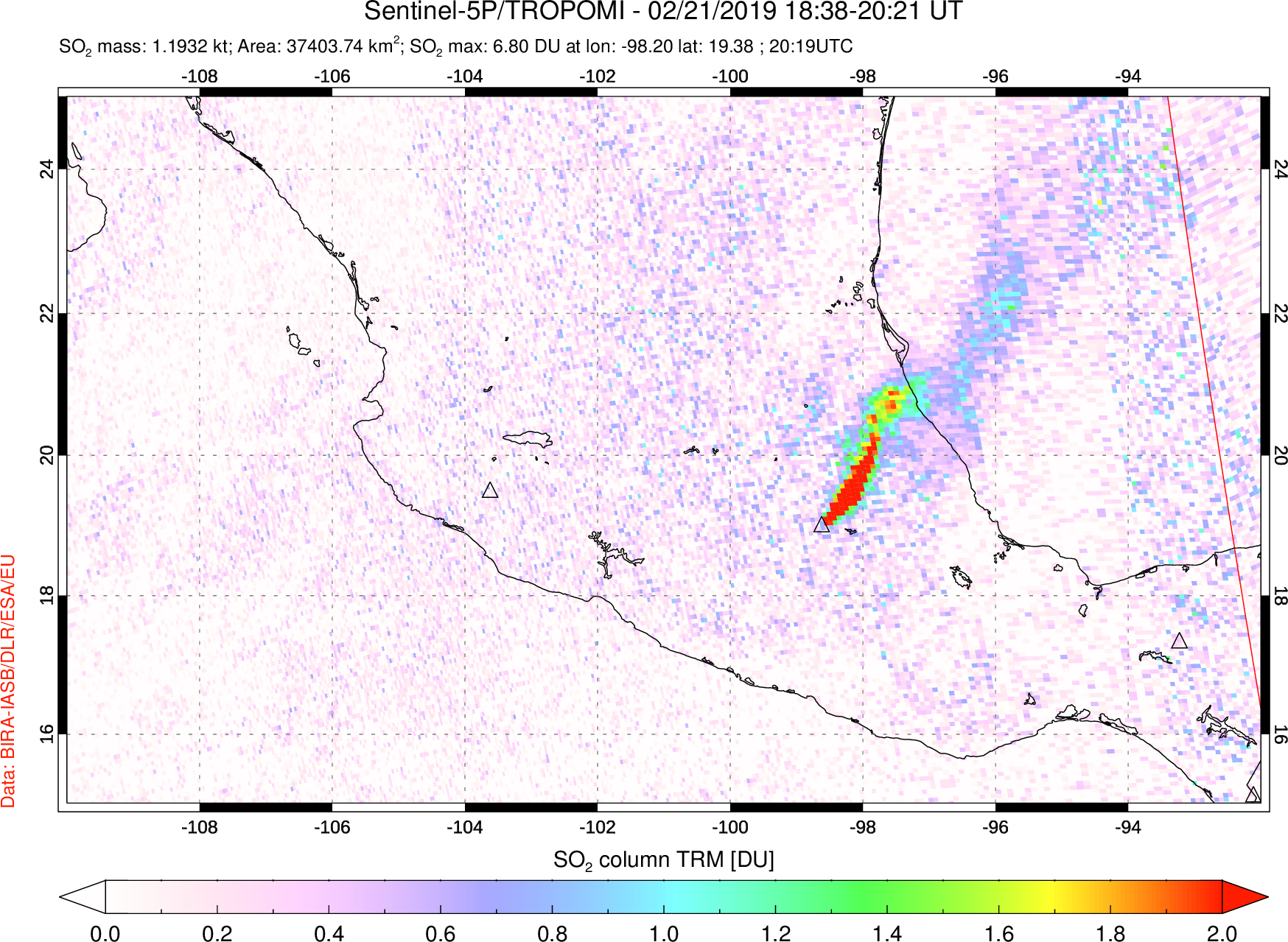 A sulfur dioxide image over Mexico on Feb 21, 2019.