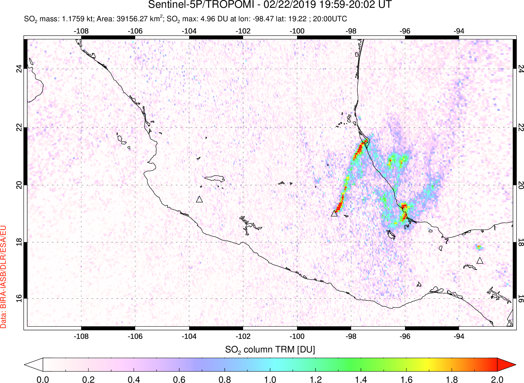 A sulfur dioxide image over Mexico on Feb 22, 2019.