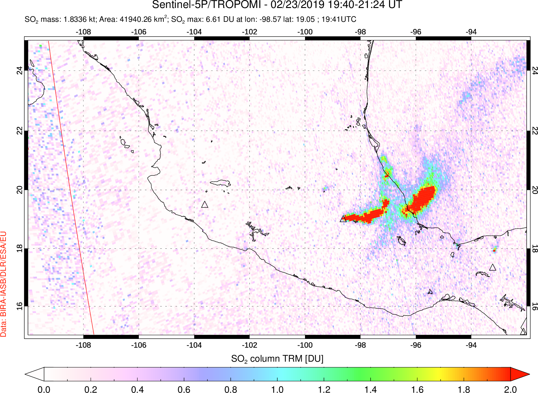 A sulfur dioxide image over Mexico on Feb 23, 2019.