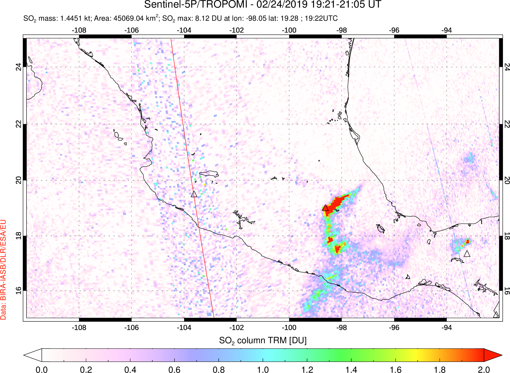 A sulfur dioxide image over Mexico on Feb 24, 2019.