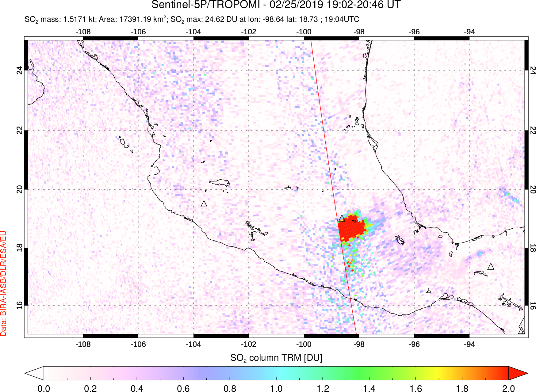 A sulfur dioxide image over Mexico on Feb 25, 2019.