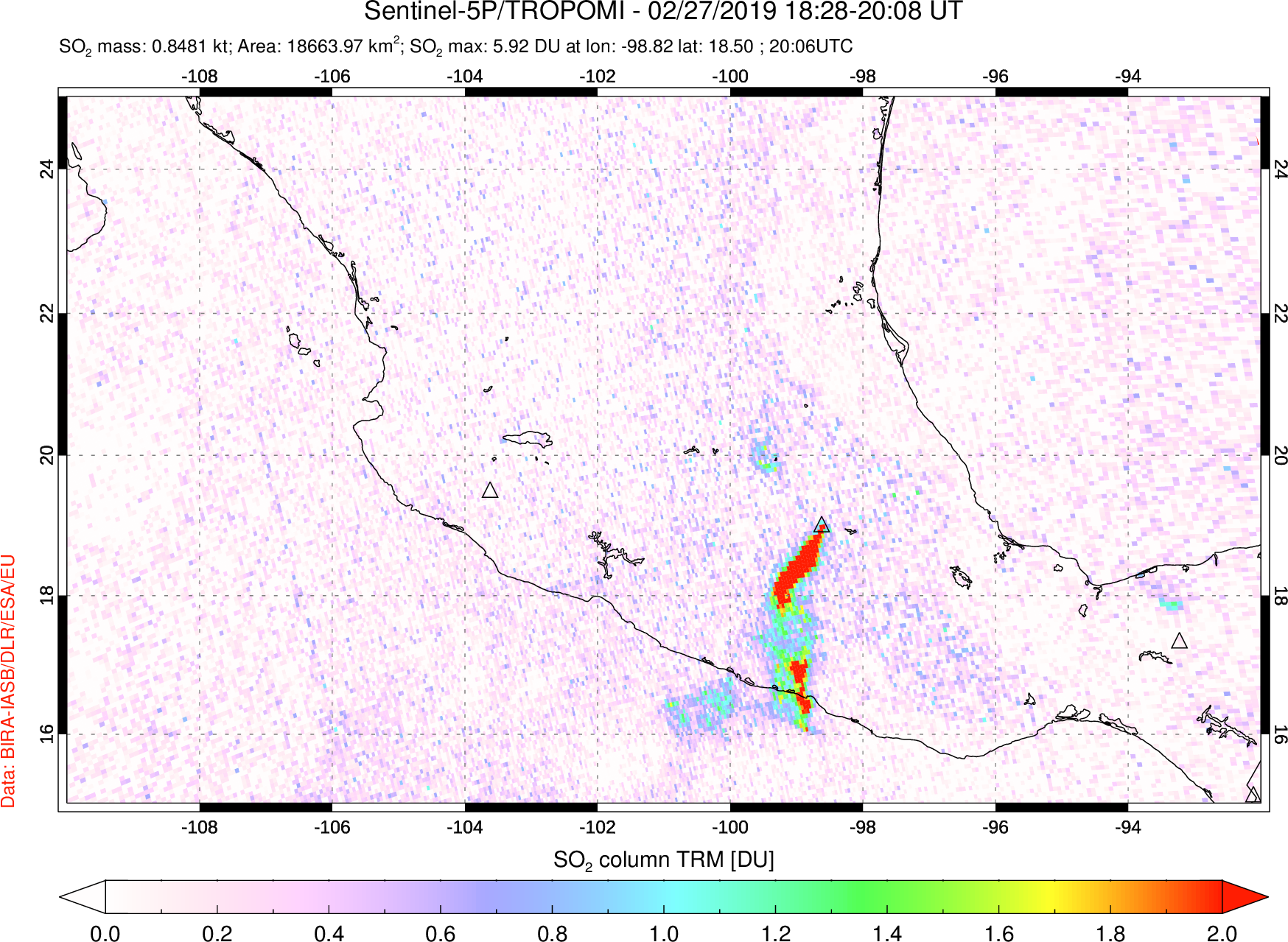 A sulfur dioxide image over Mexico on Feb 27, 2019.
