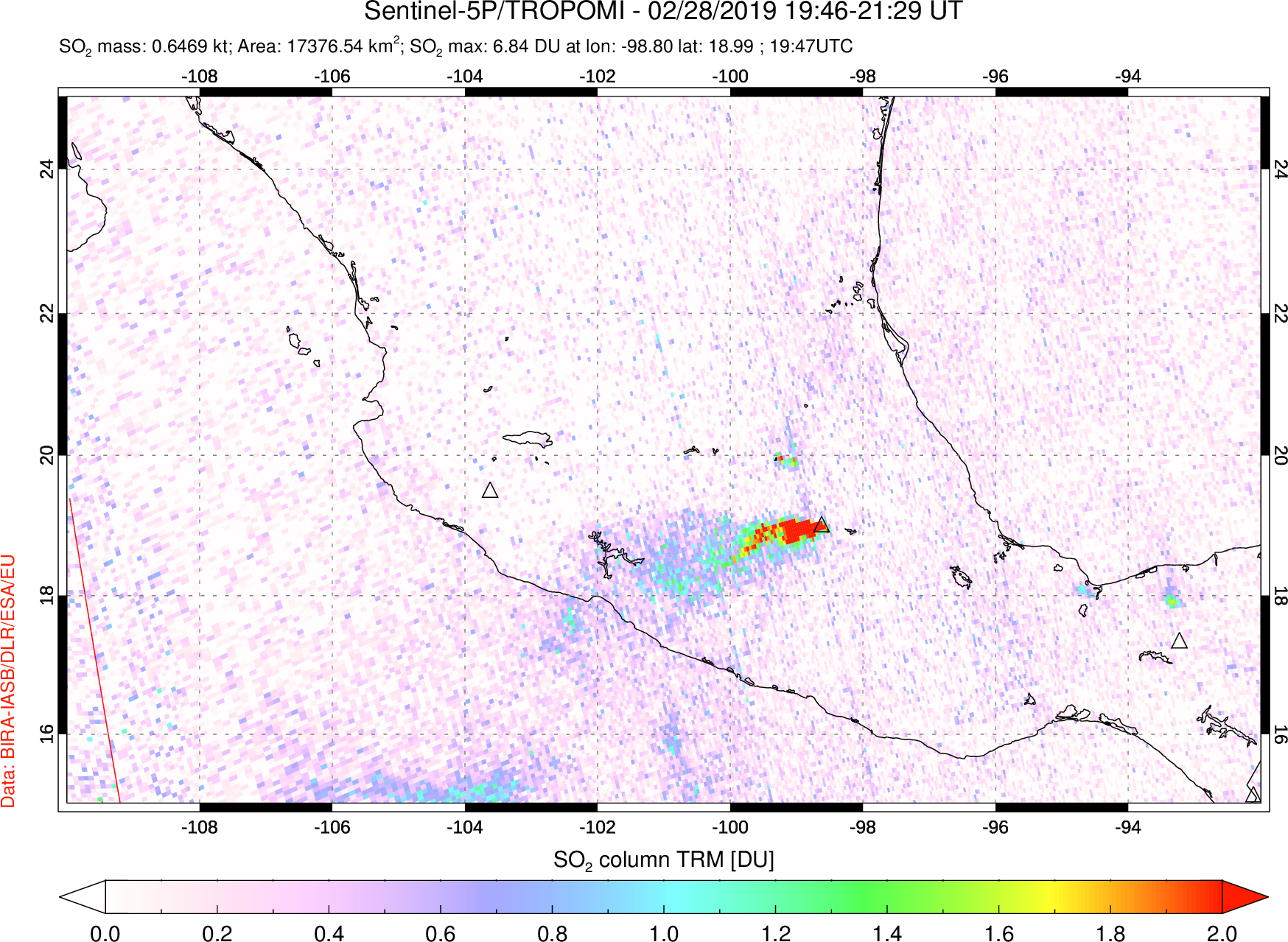 A sulfur dioxide image over Mexico on Feb 28, 2019.