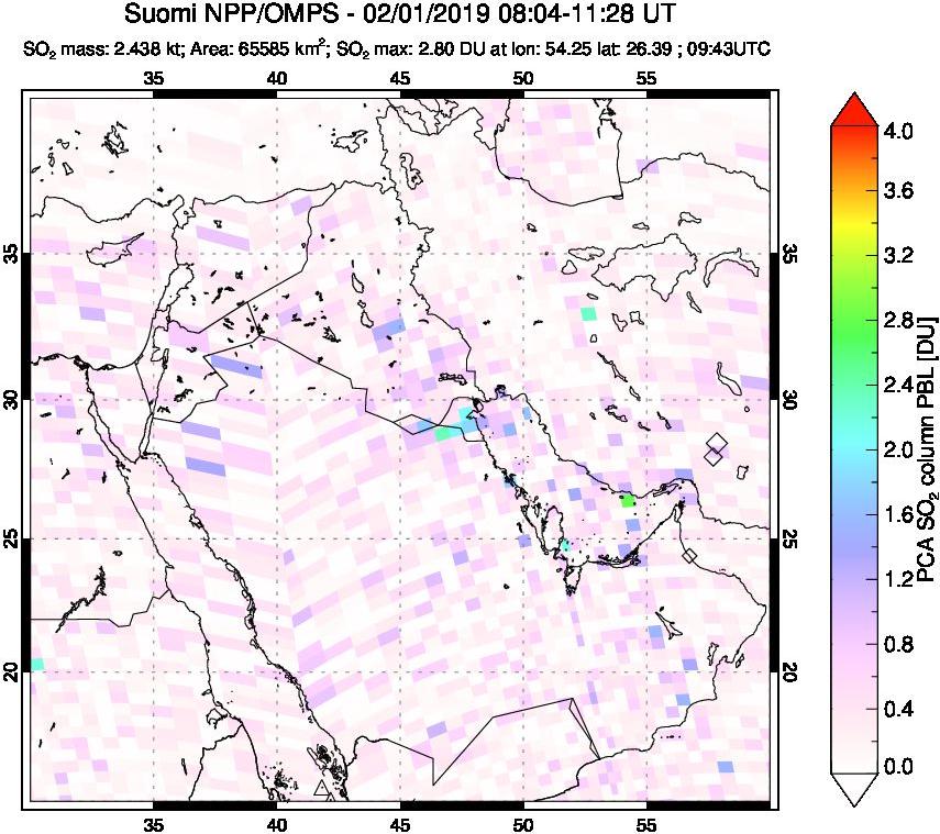 A sulfur dioxide image over Middle East on Feb 01, 2019.