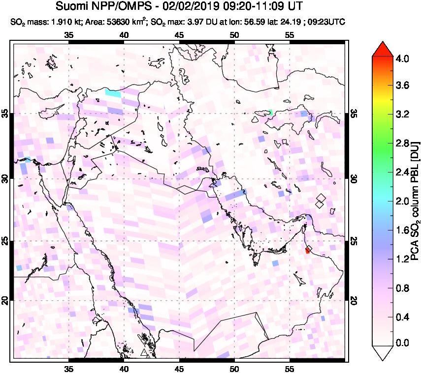 A sulfur dioxide image over Middle East on Feb 02, 2019.