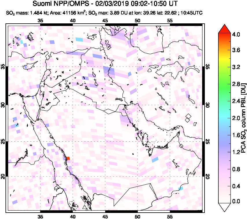 A sulfur dioxide image over Middle East on Feb 03, 2019.