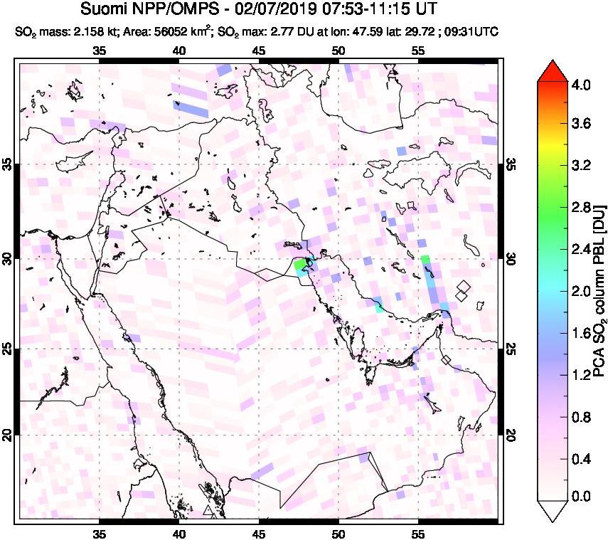 A sulfur dioxide image over Middle East on Feb 07, 2019.
