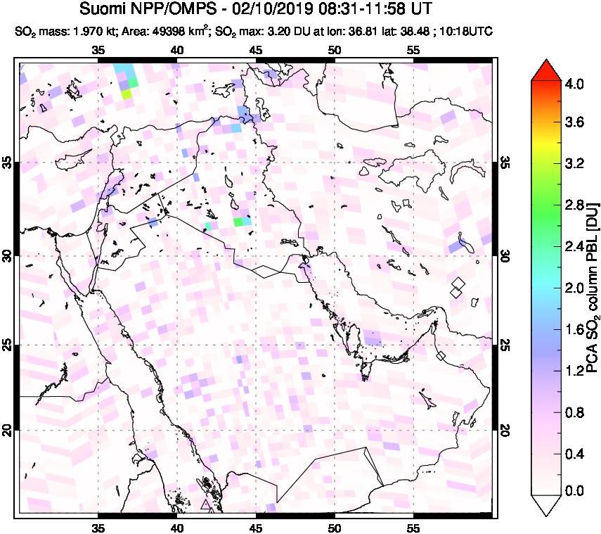 A sulfur dioxide image over Middle East on Feb 10, 2019.