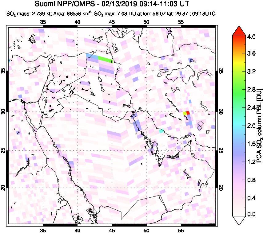 A sulfur dioxide image over Middle East on Feb 13, 2019.
