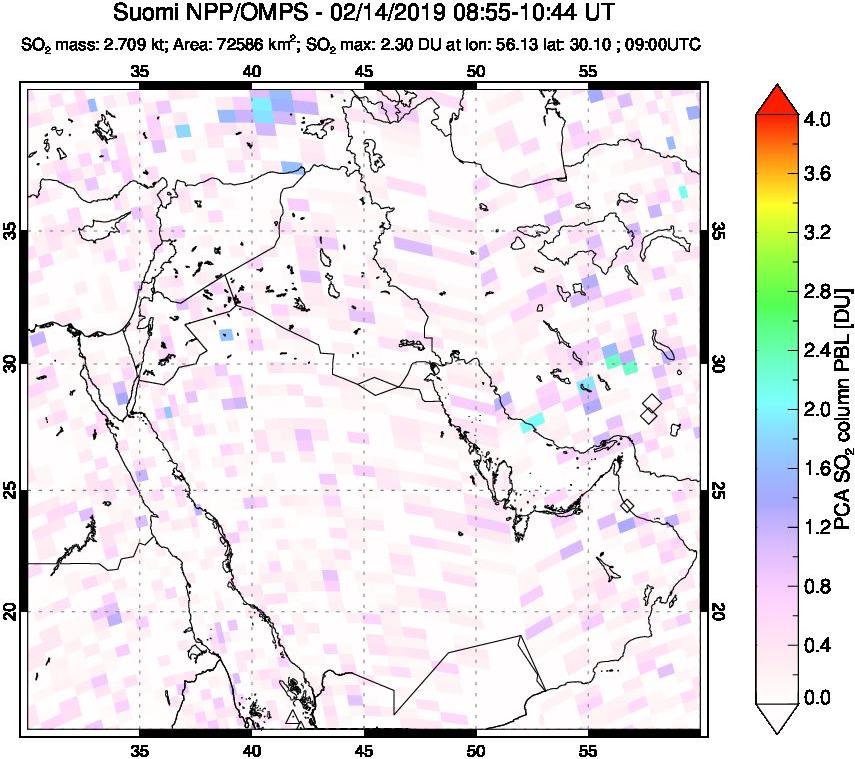 A sulfur dioxide image over Middle East on Feb 14, 2019.