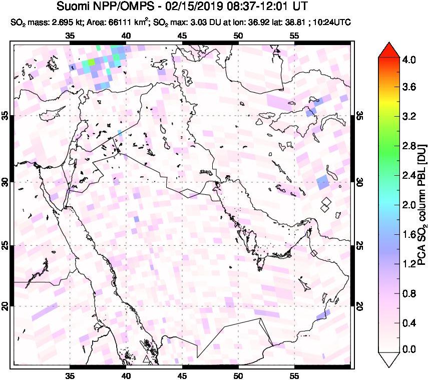 A sulfur dioxide image over Middle East on Feb 15, 2019.