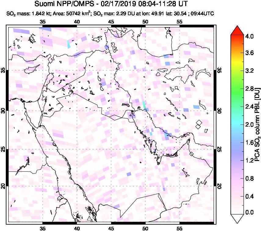 A sulfur dioxide image over Middle East on Feb 17, 2019.