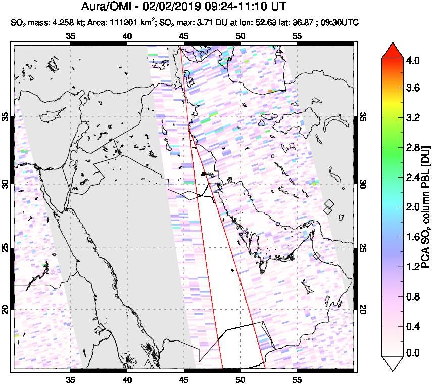 A sulfur dioxide image over Middle East on Feb 02, 2019.