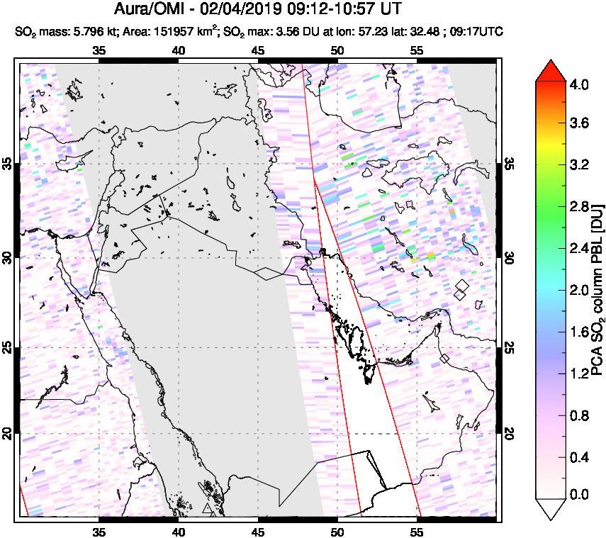 A sulfur dioxide image over Middle East on Feb 04, 2019.