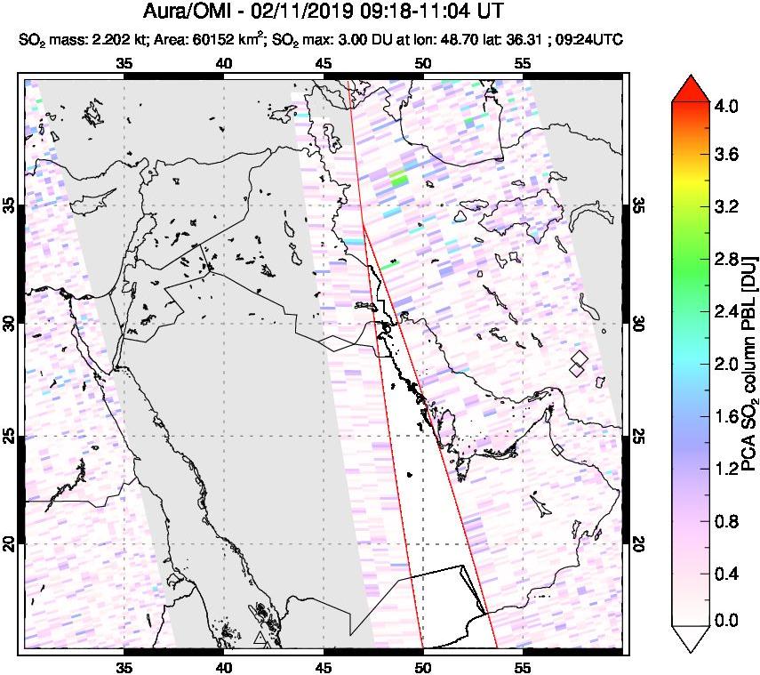 A sulfur dioxide image over Middle East on Feb 11, 2019.