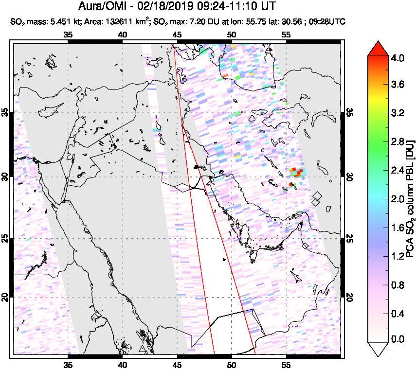 A sulfur dioxide image over Middle East on Feb 18, 2019.