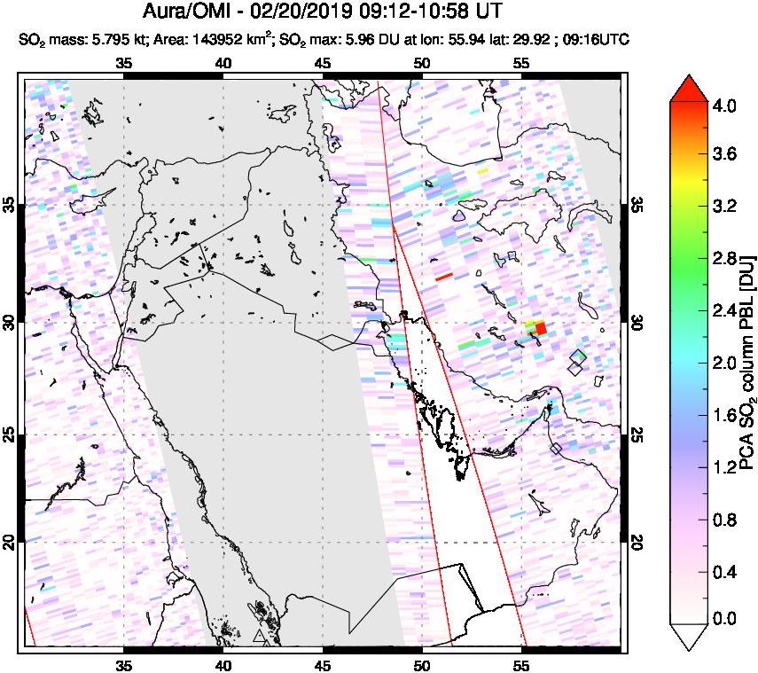 A sulfur dioxide image over Middle East on Feb 20, 2019.