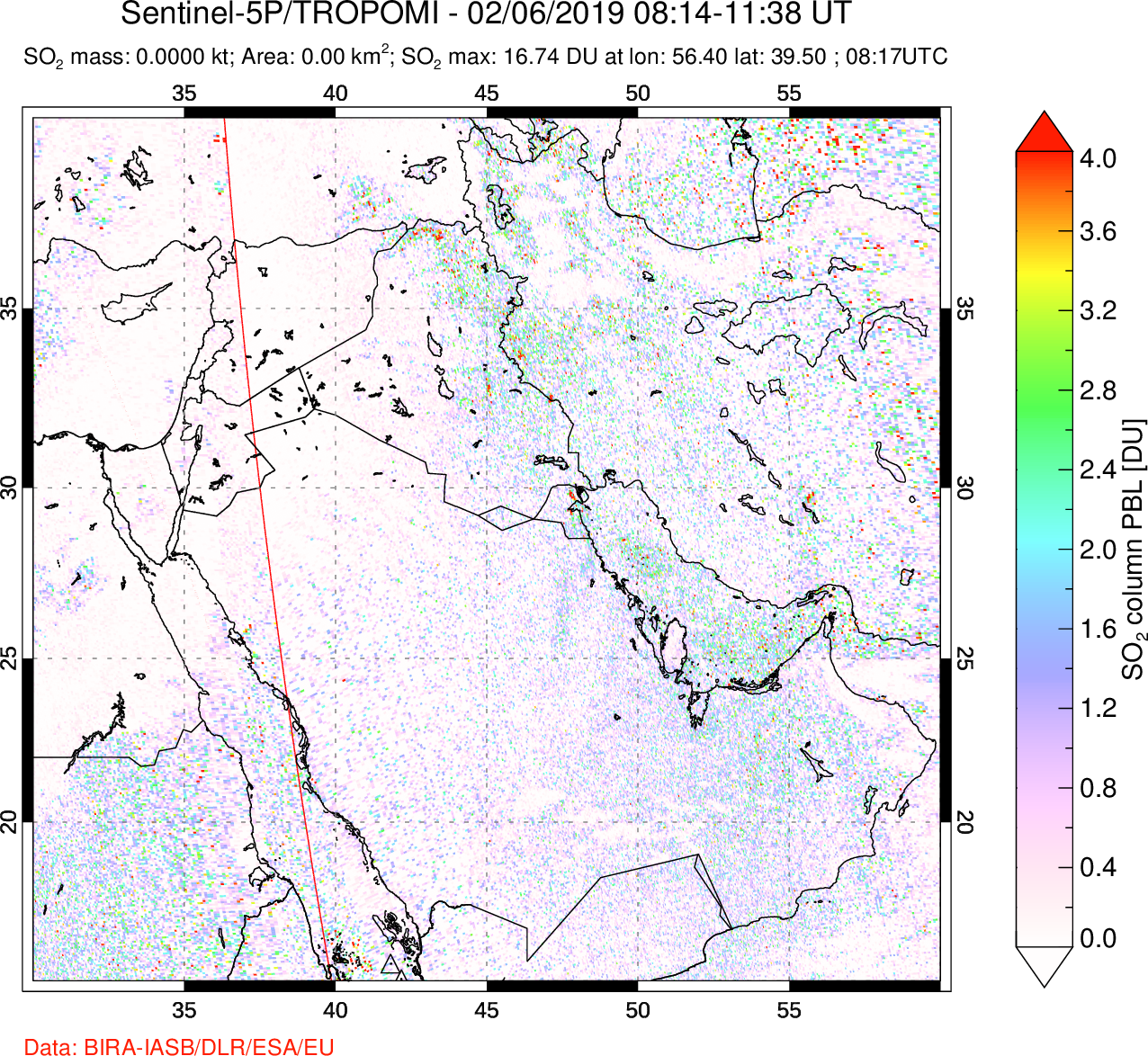 A sulfur dioxide image over Middle East on Feb 06, 2019.
