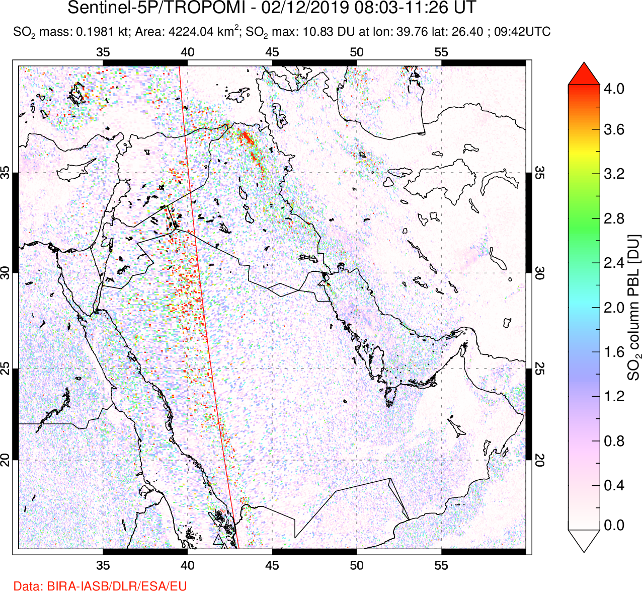 A sulfur dioxide image over Middle East on Feb 12, 2019.