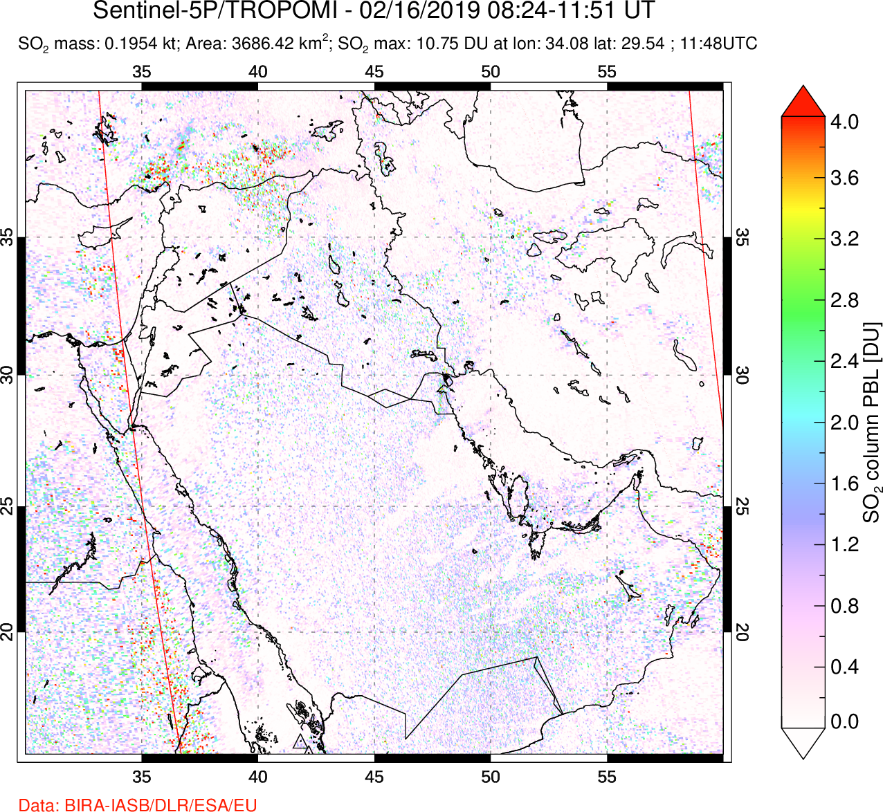 A sulfur dioxide image over Middle East on Feb 16, 2019.