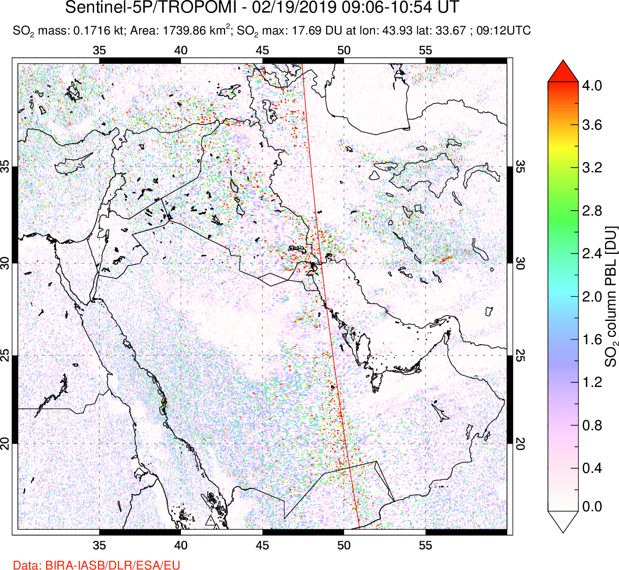 A sulfur dioxide image over Middle East on Feb 19, 2019.
