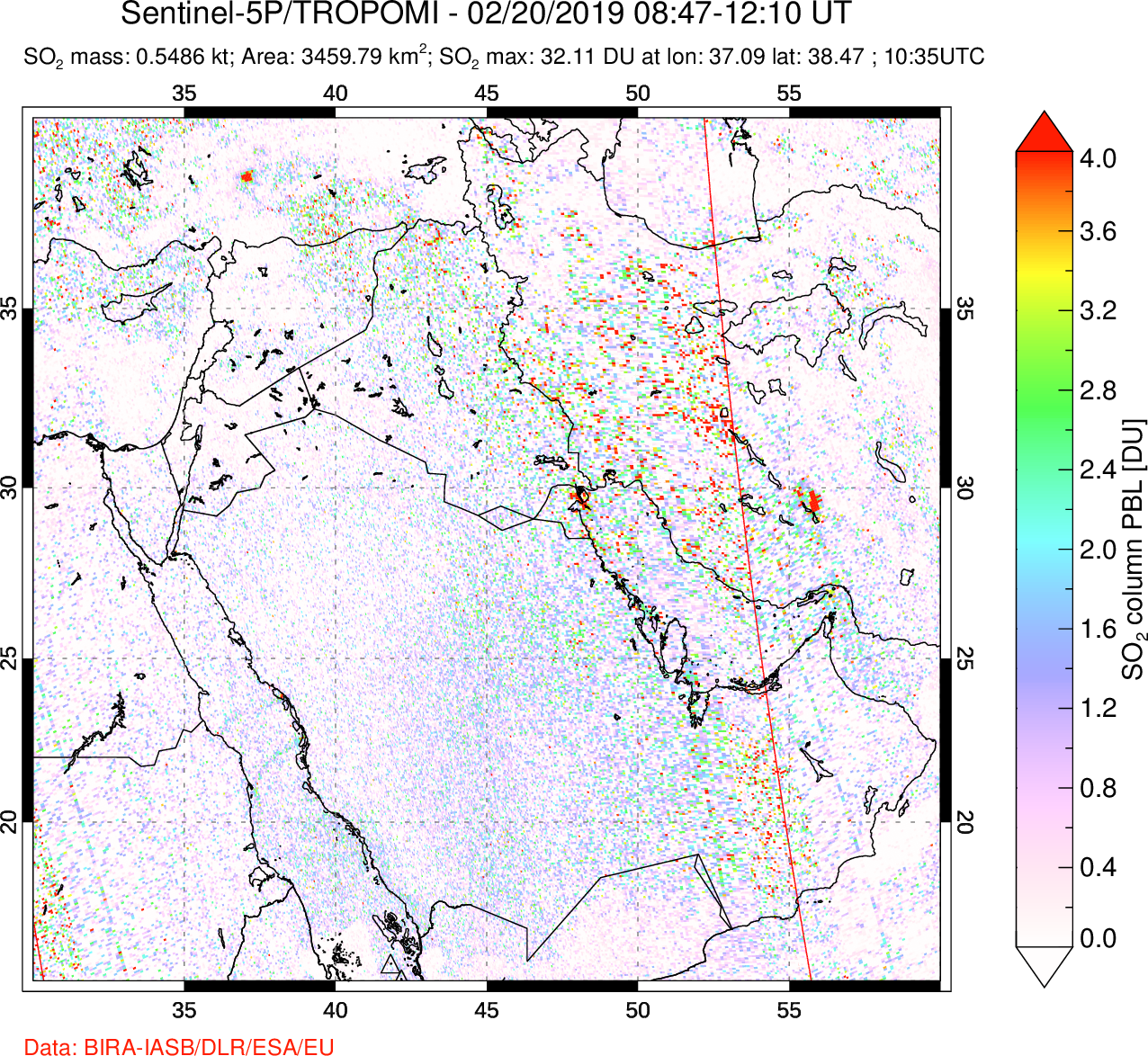 A sulfur dioxide image over Middle East on Feb 20, 2019.