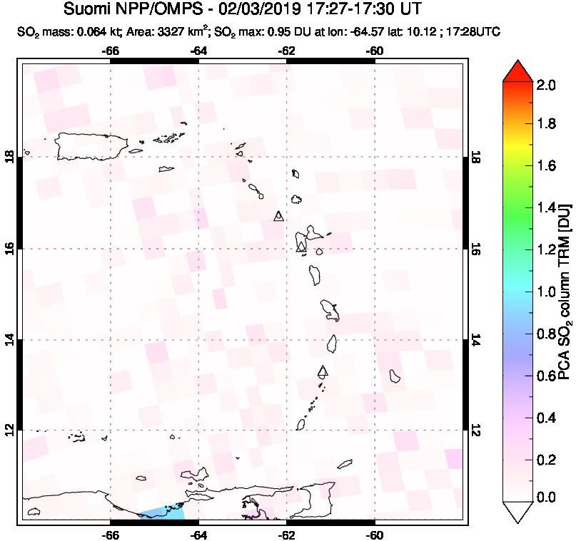 A sulfur dioxide image over Montserrat, West Indies on Feb 03, 2019.
