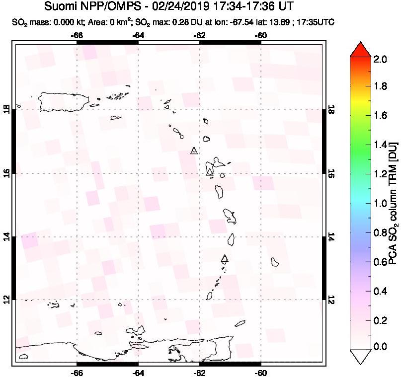 A sulfur dioxide image over Montserrat, West Indies on Feb 24, 2019.