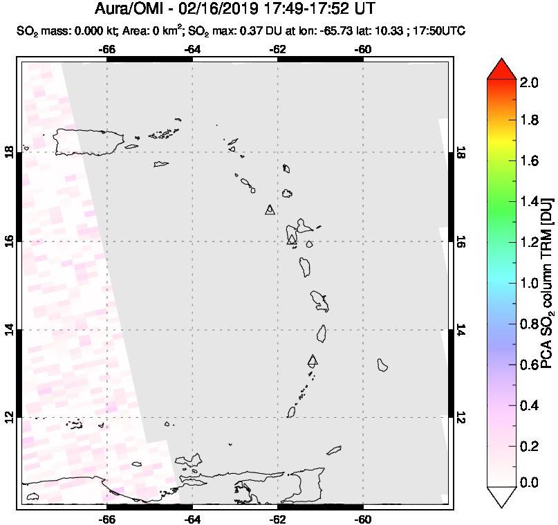 A sulfur dioxide image over Montserrat, West Indies on Feb 16, 2019.