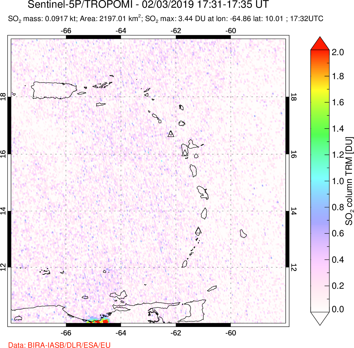 A sulfur dioxide image over Montserrat, West Indies on Feb 03, 2019.