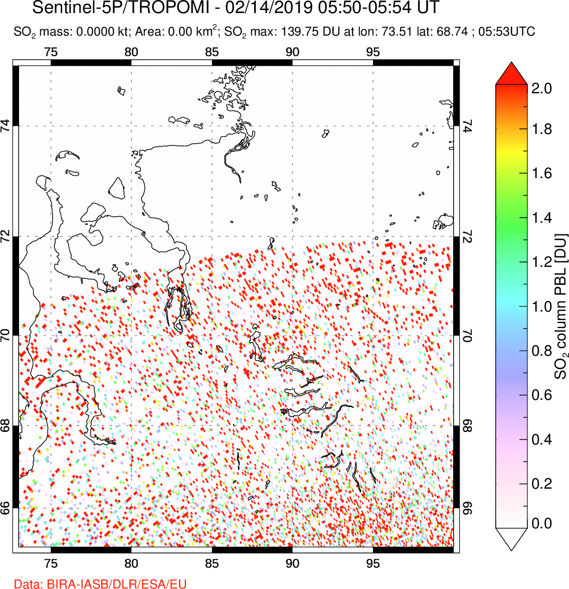 A sulfur dioxide image over Norilsk, Russian Federation on Feb 14, 2019.