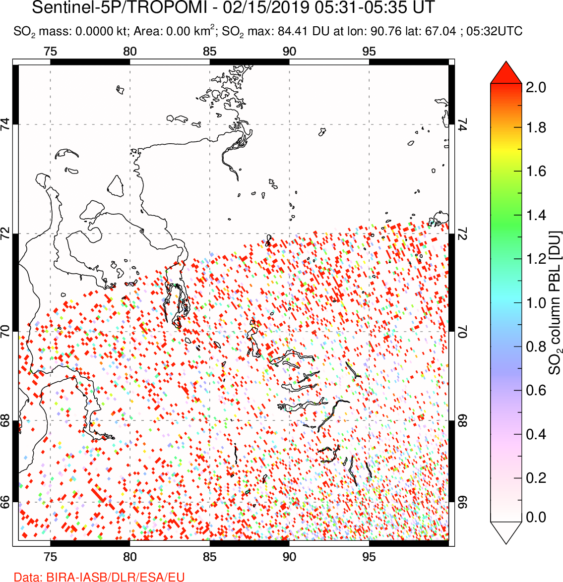 A sulfur dioxide image over Norilsk, Russian Federation on Feb 15, 2019.