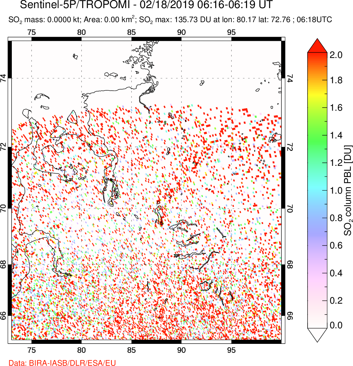 A sulfur dioxide image over Norilsk, Russian Federation on Feb 18, 2019.