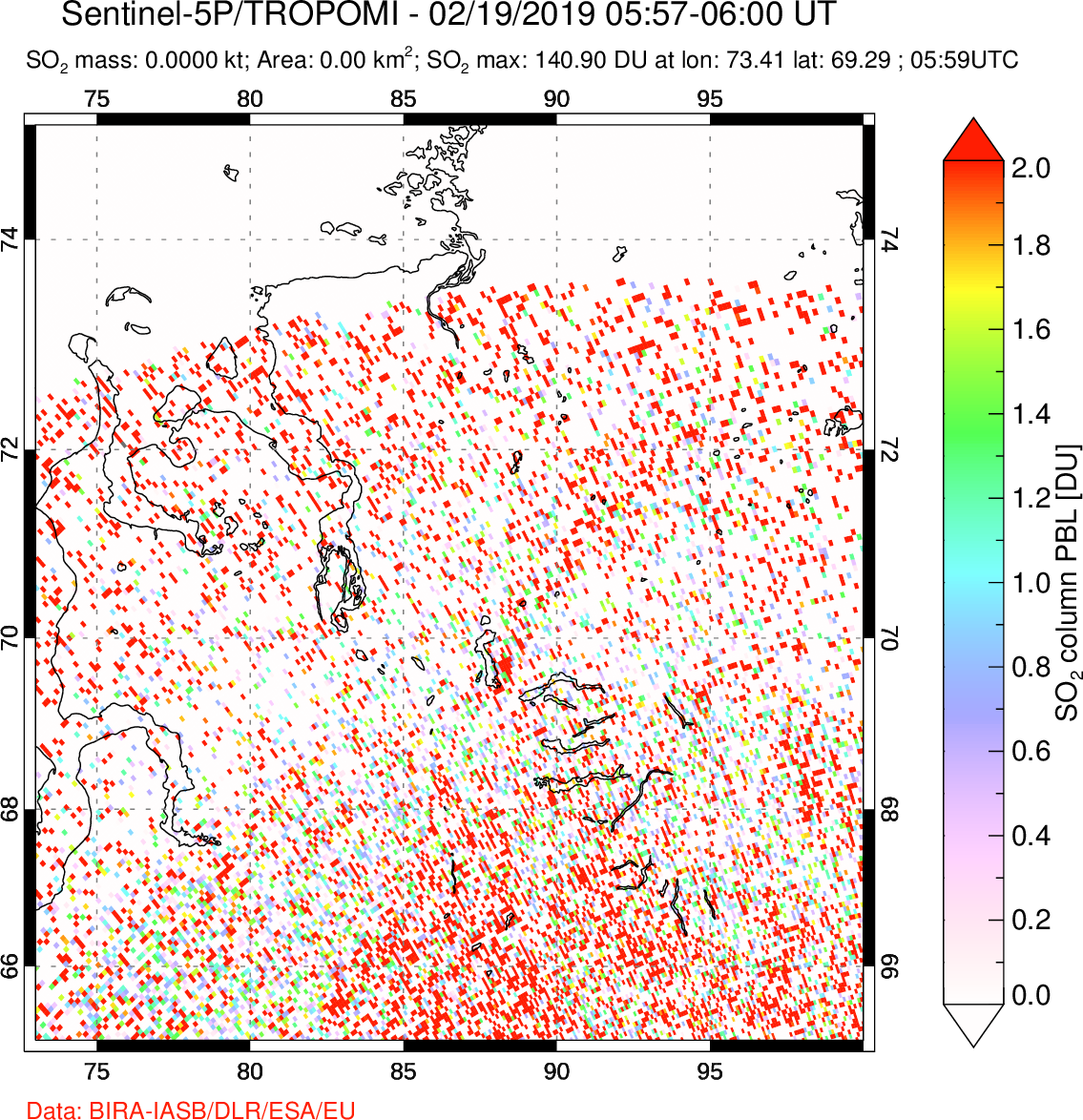 A sulfur dioxide image over Norilsk, Russian Federation on Feb 19, 2019.