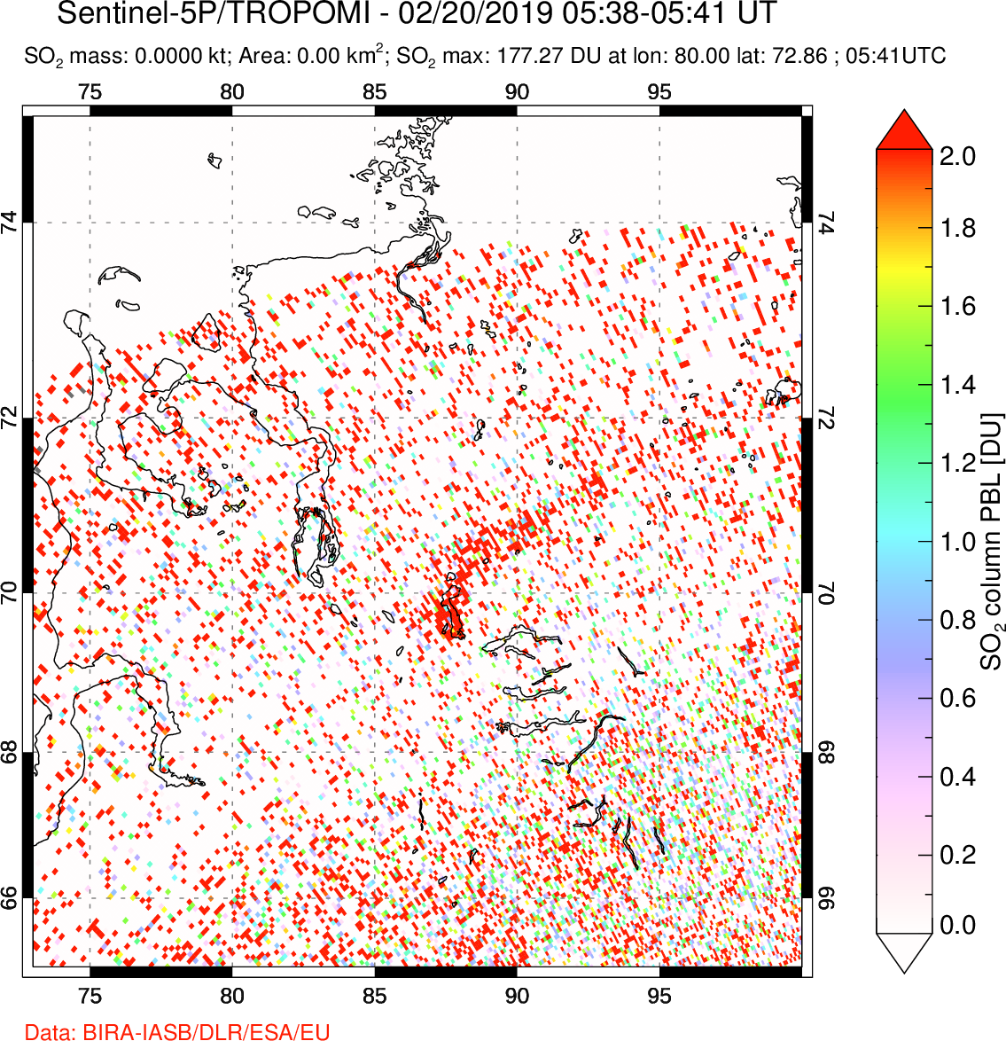 A sulfur dioxide image over Norilsk, Russian Federation on Feb 20, 2019.