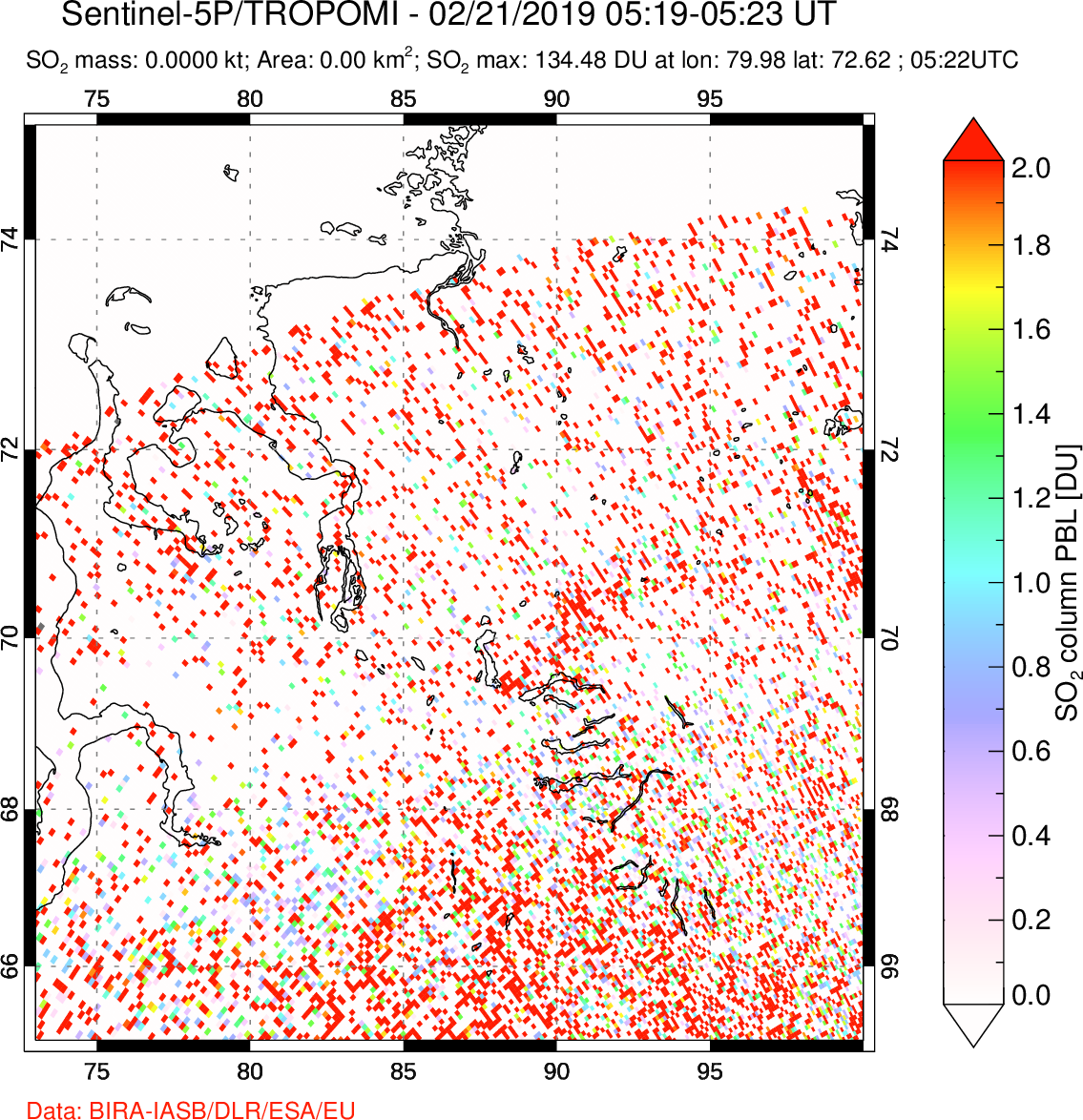 A sulfur dioxide image over Norilsk, Russian Federation on Feb 21, 2019.