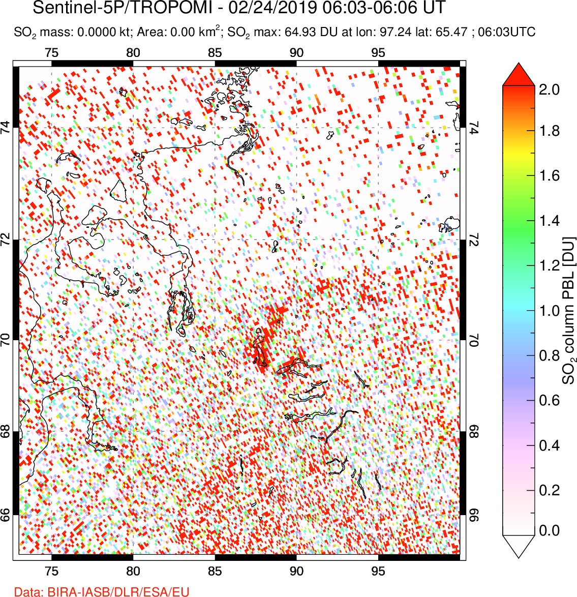 A sulfur dioxide image over Norilsk, Russian Federation on Feb 24, 2019.
