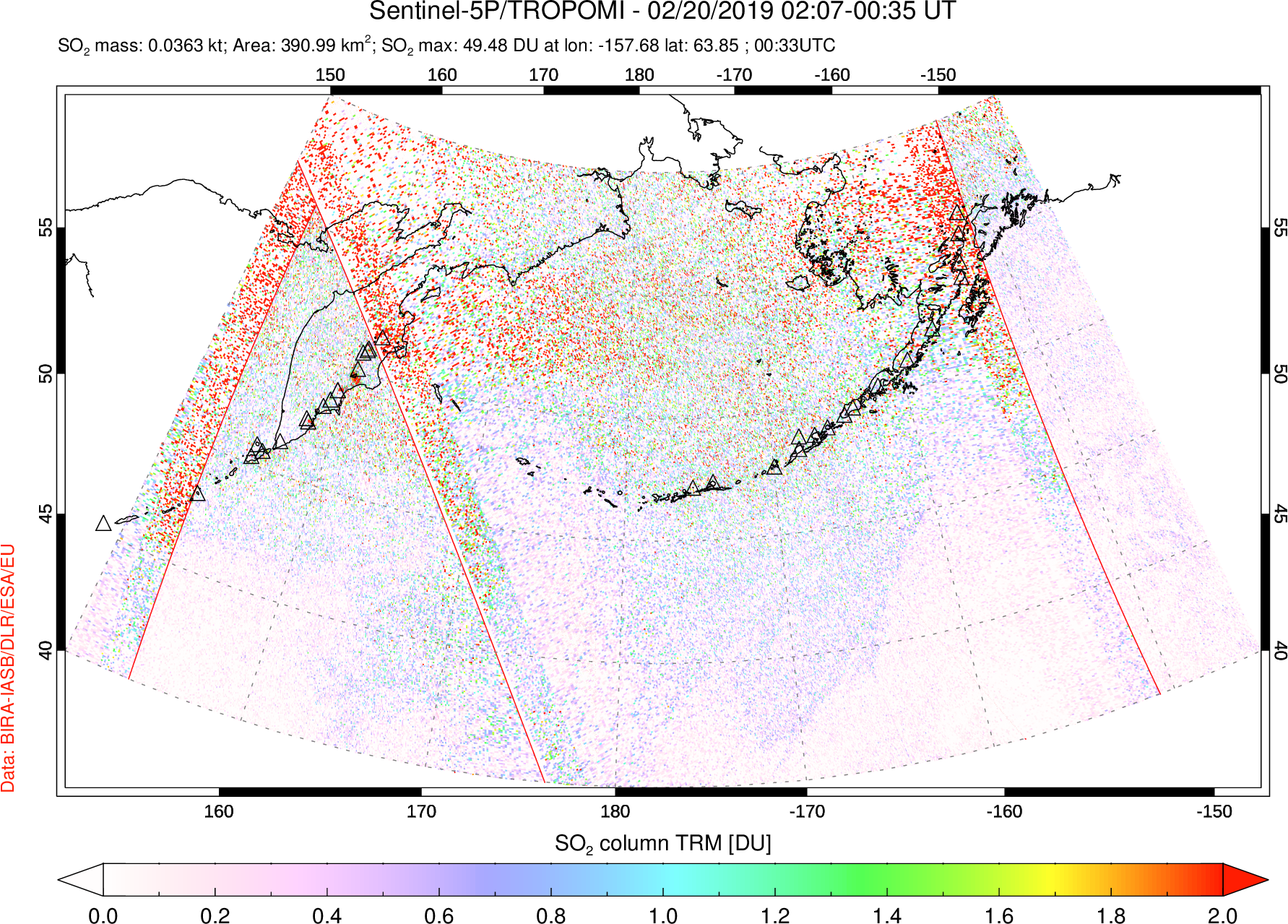A sulfur dioxide image over North Pacific on Feb 20, 2019.