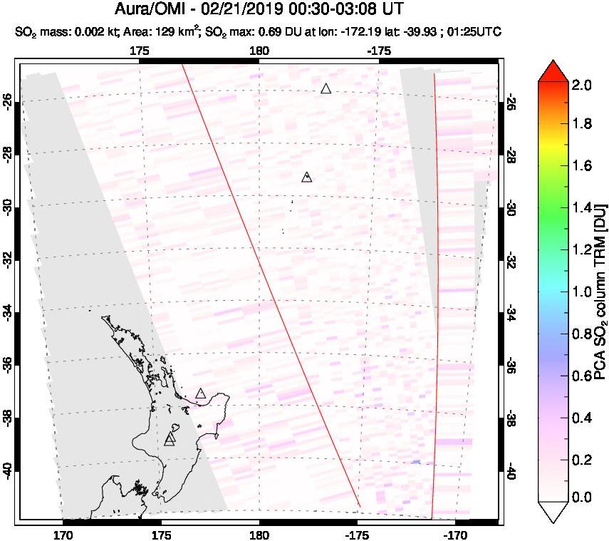A sulfur dioxide image over New Zealand on Feb 21, 2019.