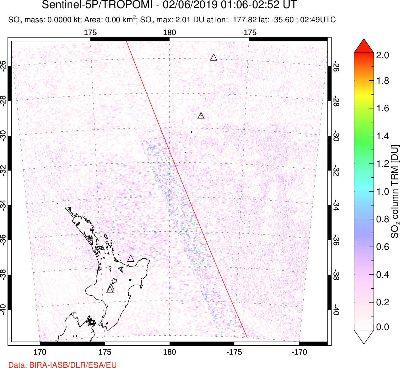 A sulfur dioxide image over New Zealand on Feb 06, 2019.