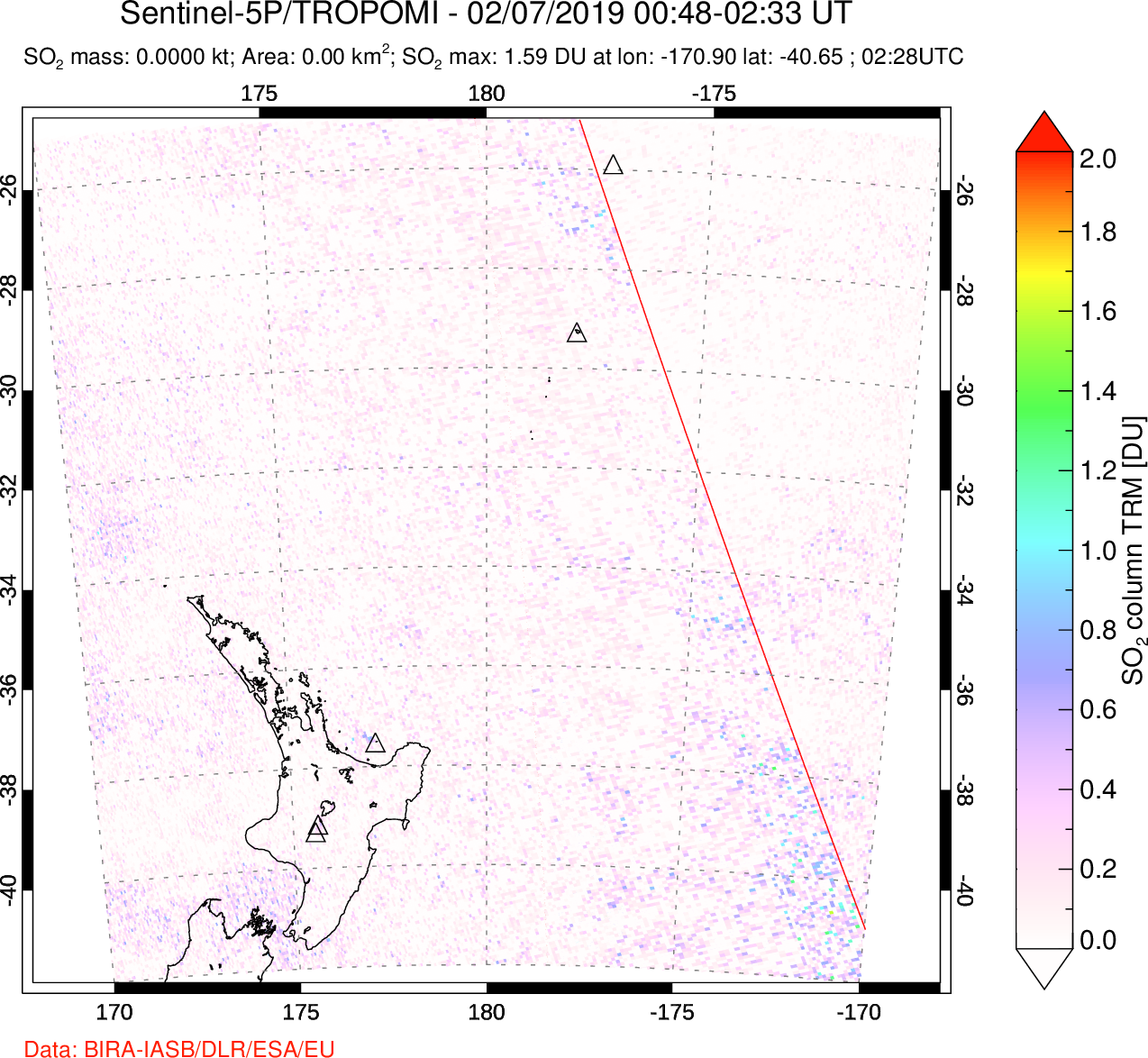 A sulfur dioxide image over New Zealand on Feb 07, 2019.