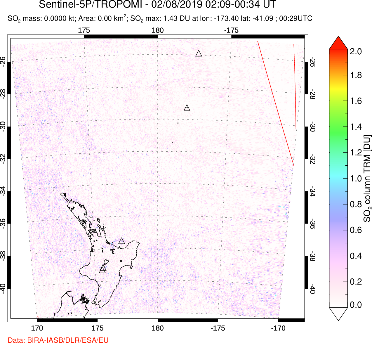 A sulfur dioxide image over New Zealand on Feb 08, 2019.
