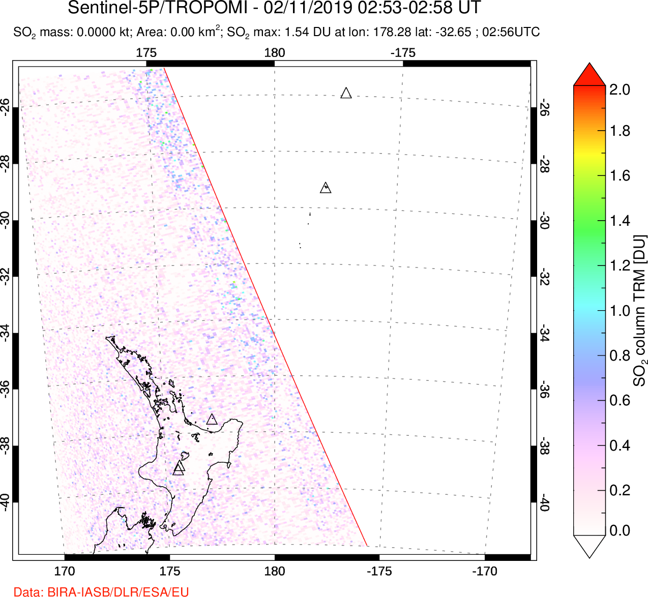 A sulfur dioxide image over New Zealand on Feb 11, 2019.