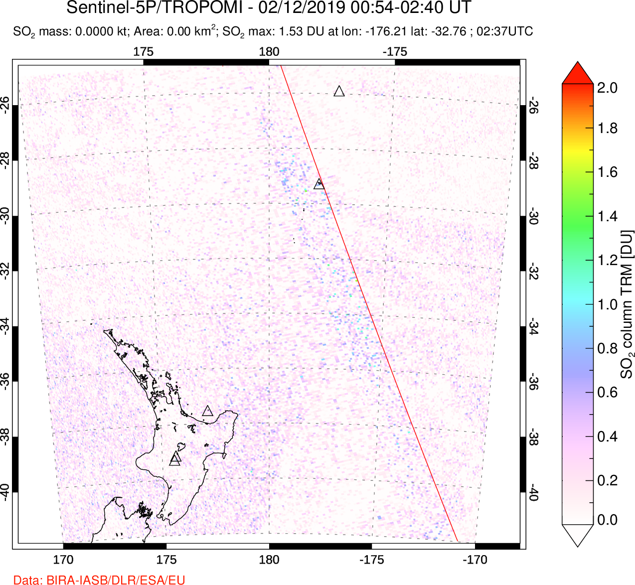 A sulfur dioxide image over New Zealand on Feb 12, 2019.