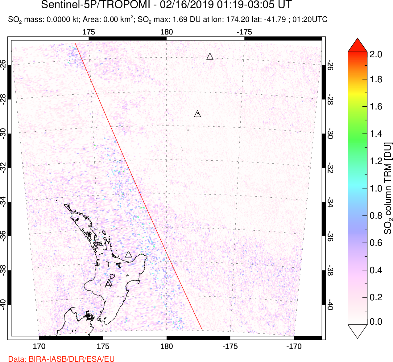 A sulfur dioxide image over New Zealand on Feb 16, 2019.