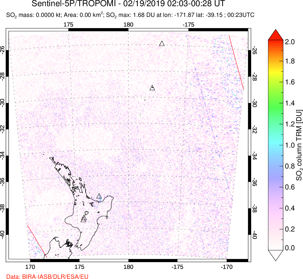 A sulfur dioxide image over New Zealand on Feb 19, 2019.