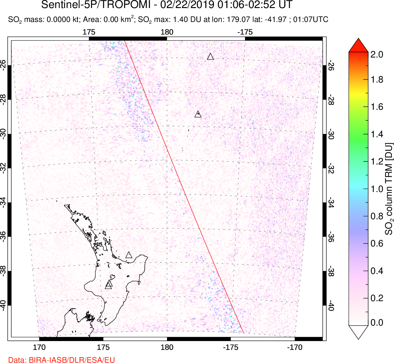 A sulfur dioxide image over New Zealand on Feb 22, 2019.